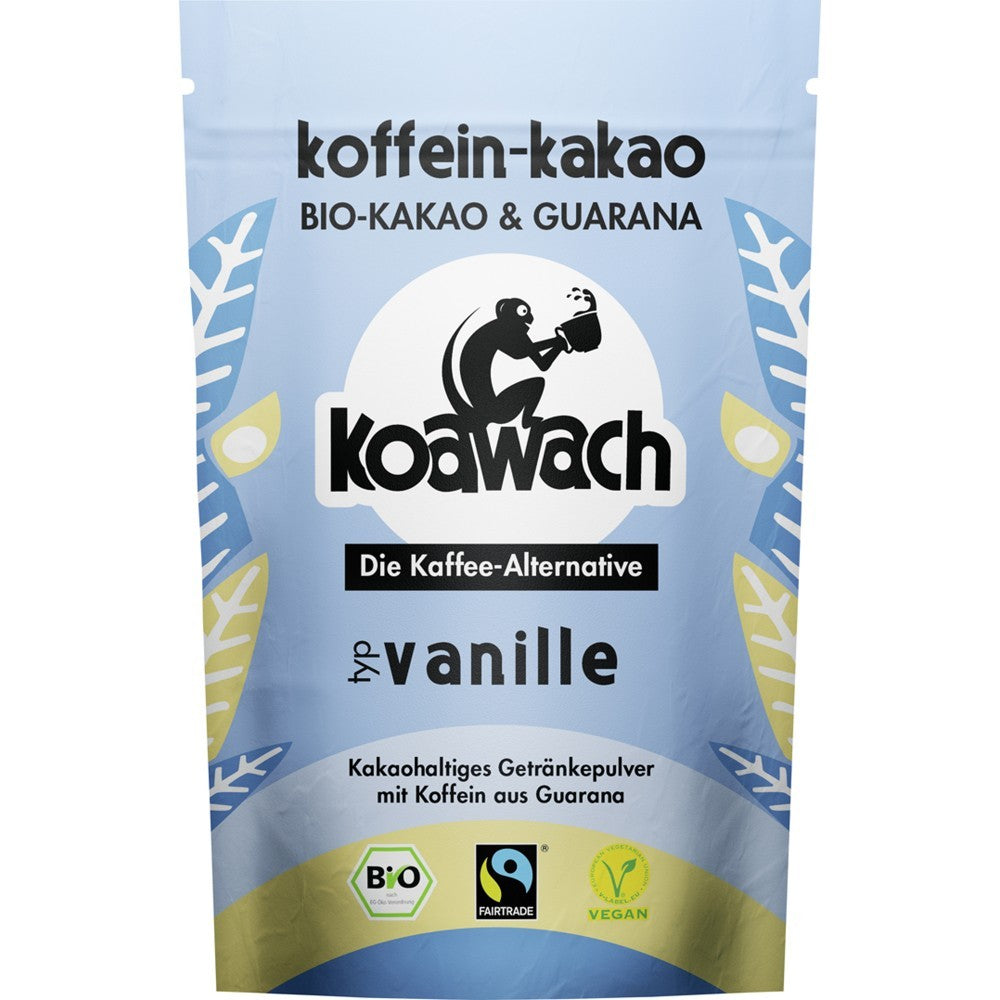 Koawach Cacao cu guarana și vanilie, ambalaj albastru, sigle Bio, Fairtrade, Vegan.