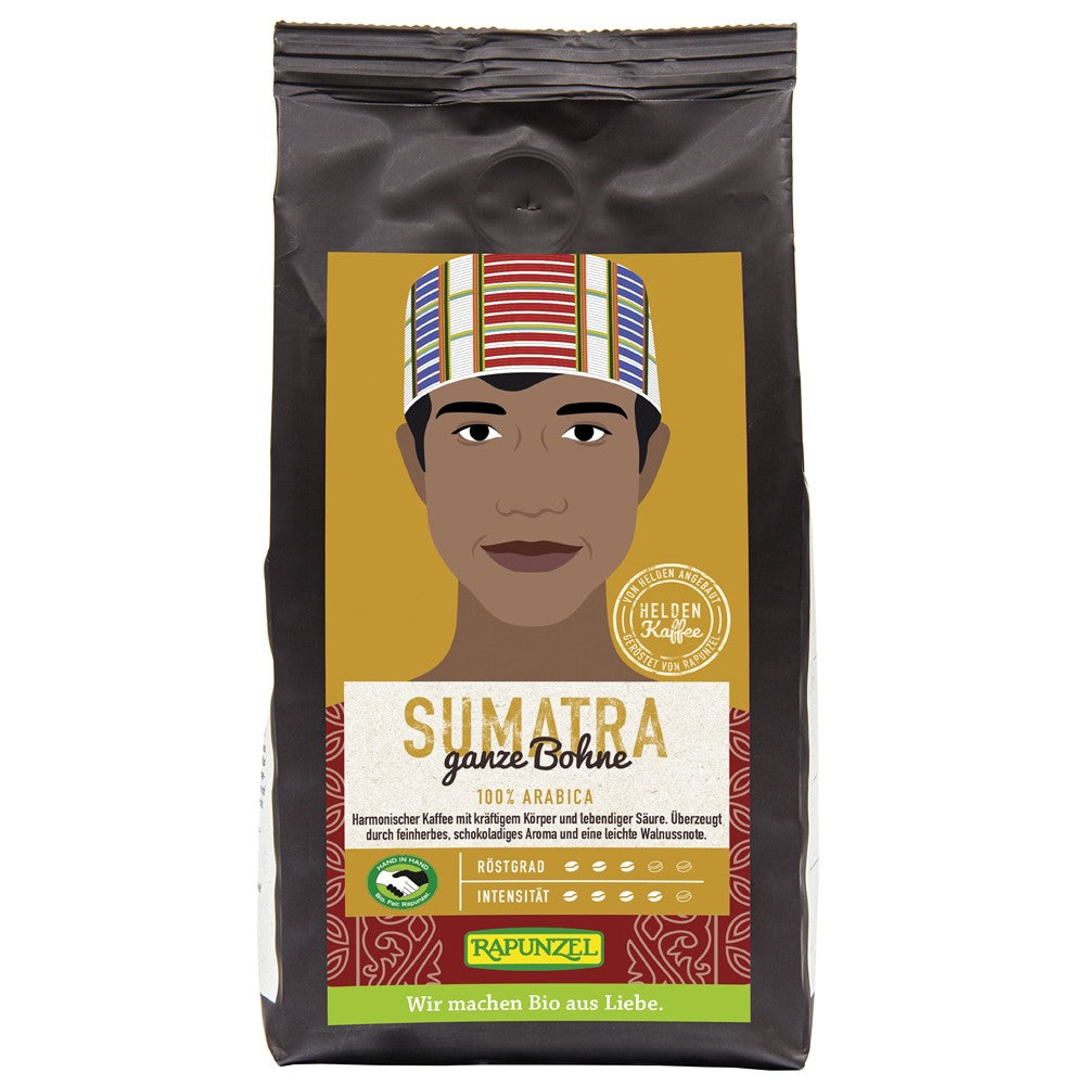Pungă cafea boabe Arabica Sumatra Rapunzel 250g, ambalaj negru și etichetă ilustrată colorată.