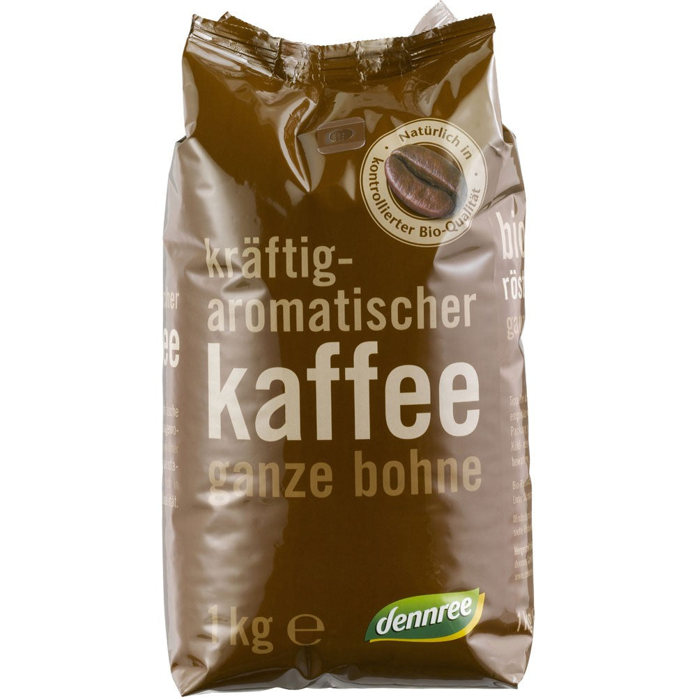 Cafea boabe bio Arabica Robusta 1kg Dennree, ambalaj maro cu inscripții albe.