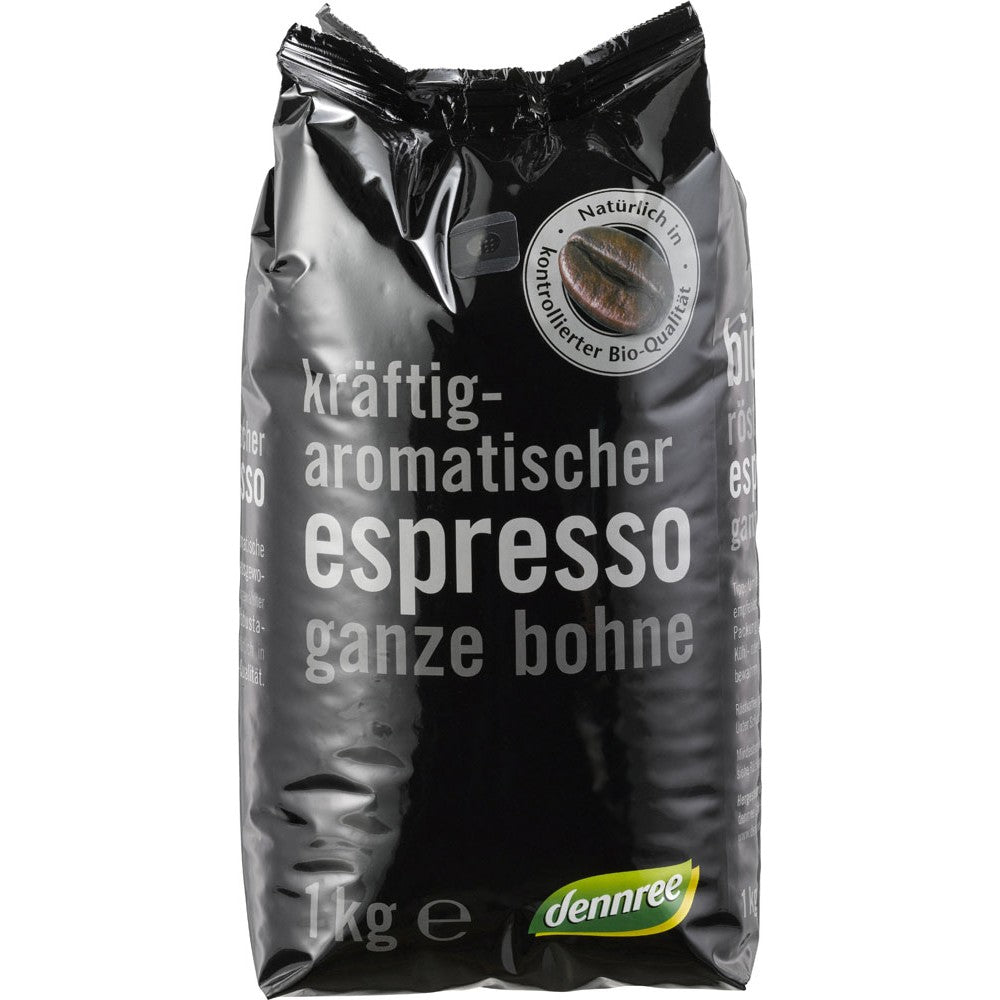 Cafea espresso bio Dennree 1kg, ambalaj negru cu text alb.