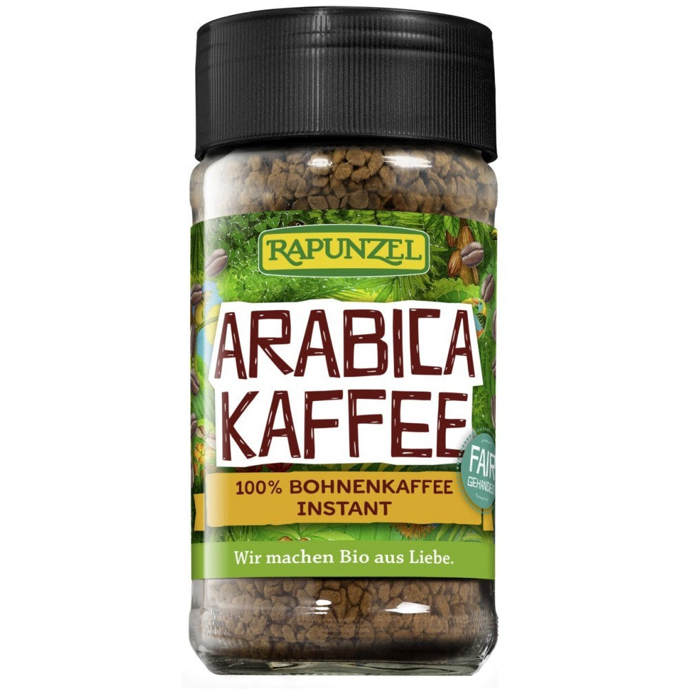 Borcan cafea instant Arabica 100g Rapunzel, capac negru, etichetă verde cu logo galben.