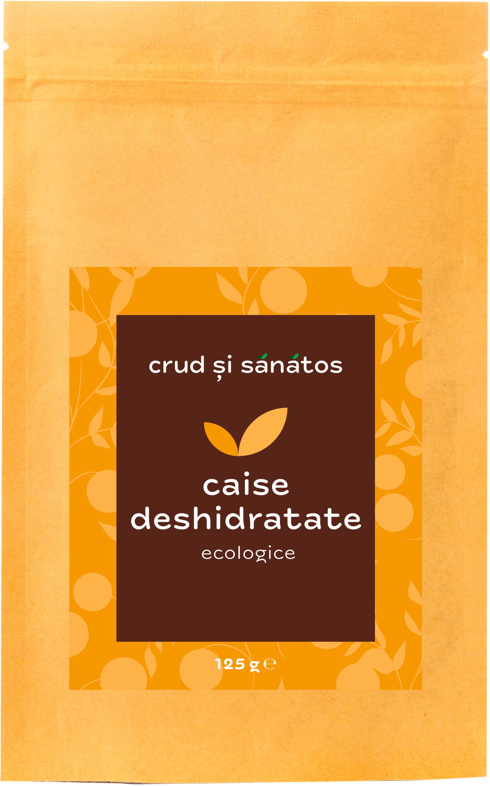 Pungă caise deshidratate ecologice, 250g, ambalaj kraft maro cu etichetă portocalie.