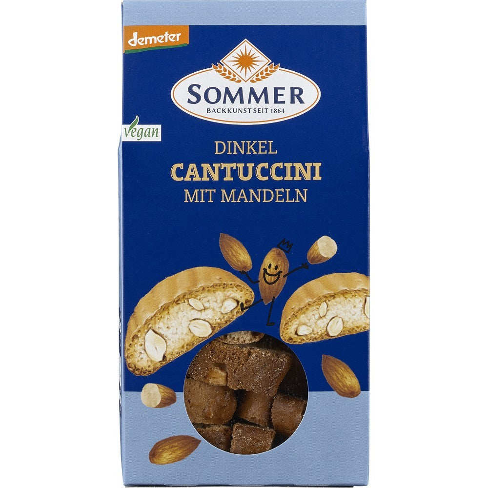 Cutie Cantuccini bio din spelta cu migdale Sommer, 150g, albastru cu desene migdale și biscuiți.