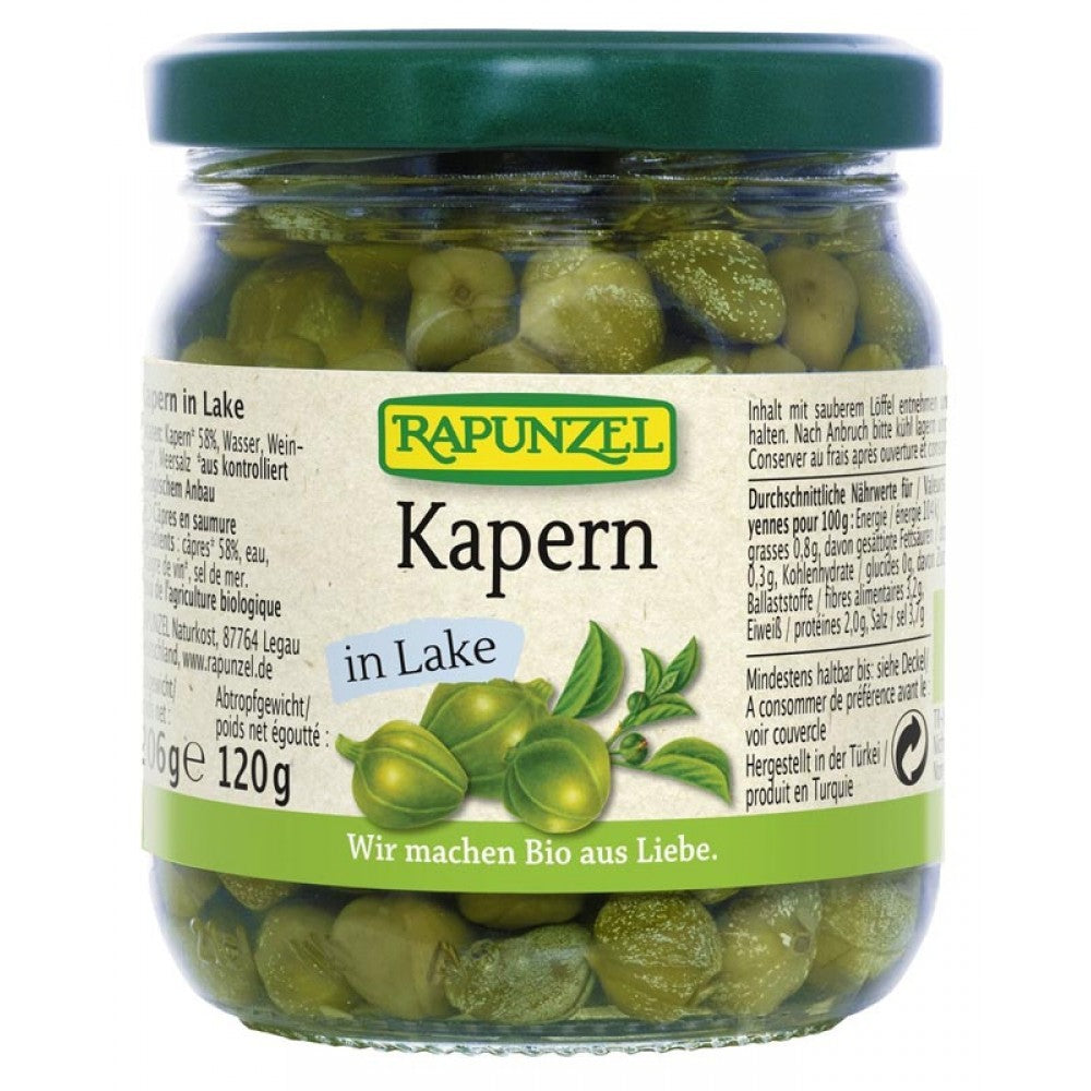 Capere bio în saramură Rapunzel 206g, capac verde, etichetă cu text și ilustrații capere.