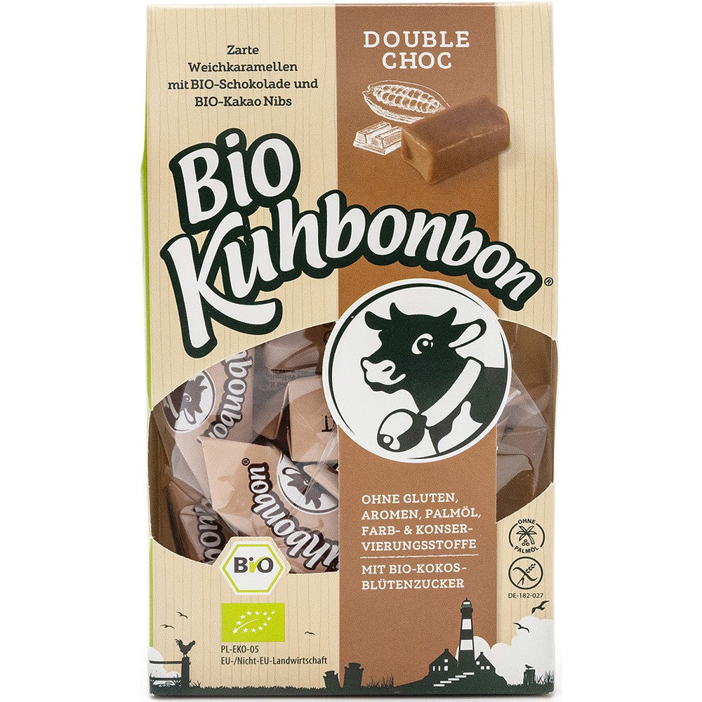 Caramele bio cu cacao și ciocolată dublă, fără gluten, ambalaj maro, etichetă Bio.