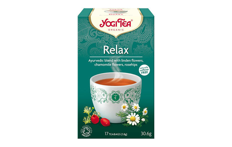 Ceai bio calmant Yogi Tea Relax, 30.6 g, cutie verde, grafică flori de tei, muşeţel, fenicul.