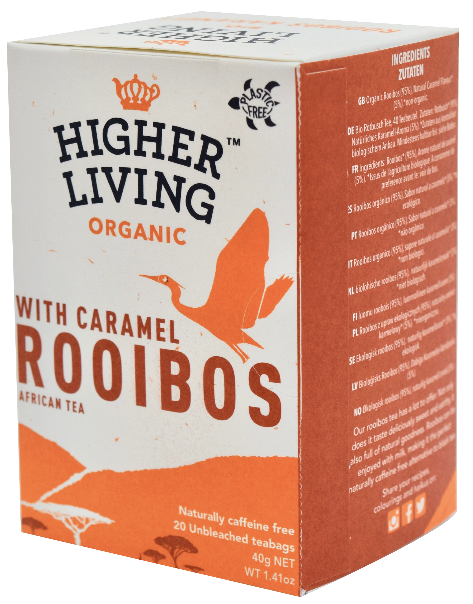 Cutie albă cu portocaliu ceai bio Rooibos caramel, 20 plicuri, Higher Living, Plastic Free.