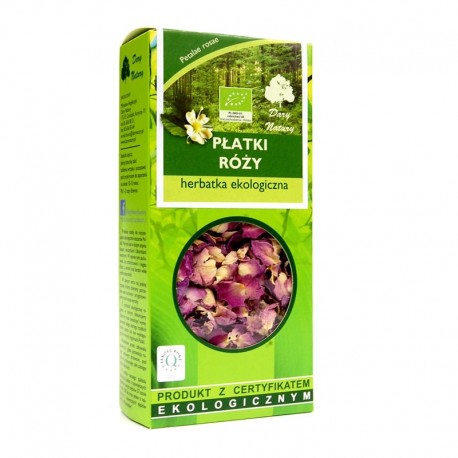 Cutie verde cu ceai ecologic din petale de trandafir, 20g, Dary Natury, cu flori naturale uscate vizibile.