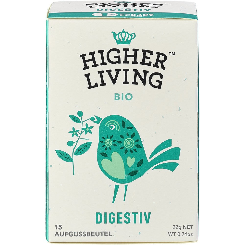 Ceai bio Higher Living Digestiv 22g, cutie verde, motiv pasăre și plante.