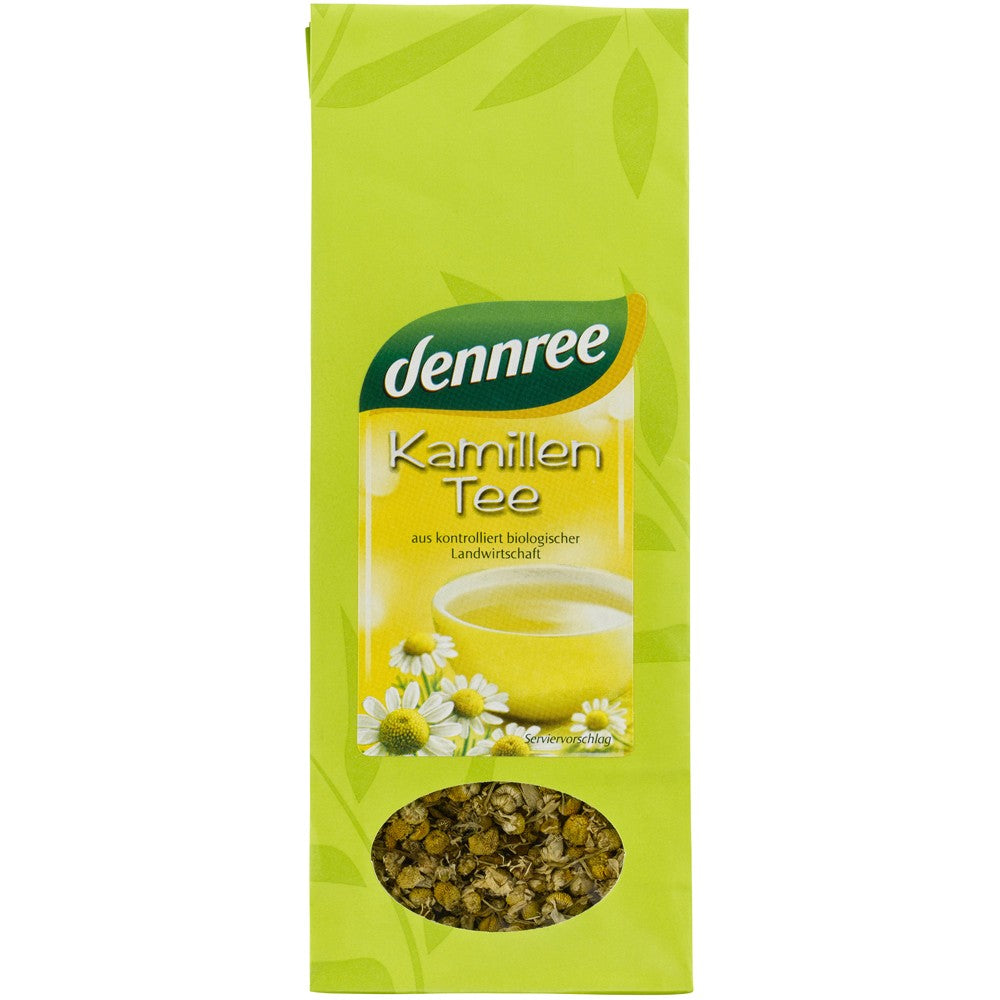 Ceai de mușețel bio Dennree 30g, ambalaj verde cu elemente florale, ingrediente din agricultură ecologică.