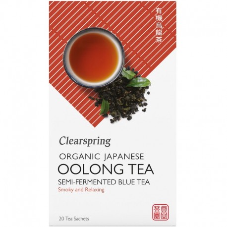 Cutie ceai Oolong bio în pliculețe Clearspring, design roșu, text alb, imagine ceai și frunze, 20 pliculețe.