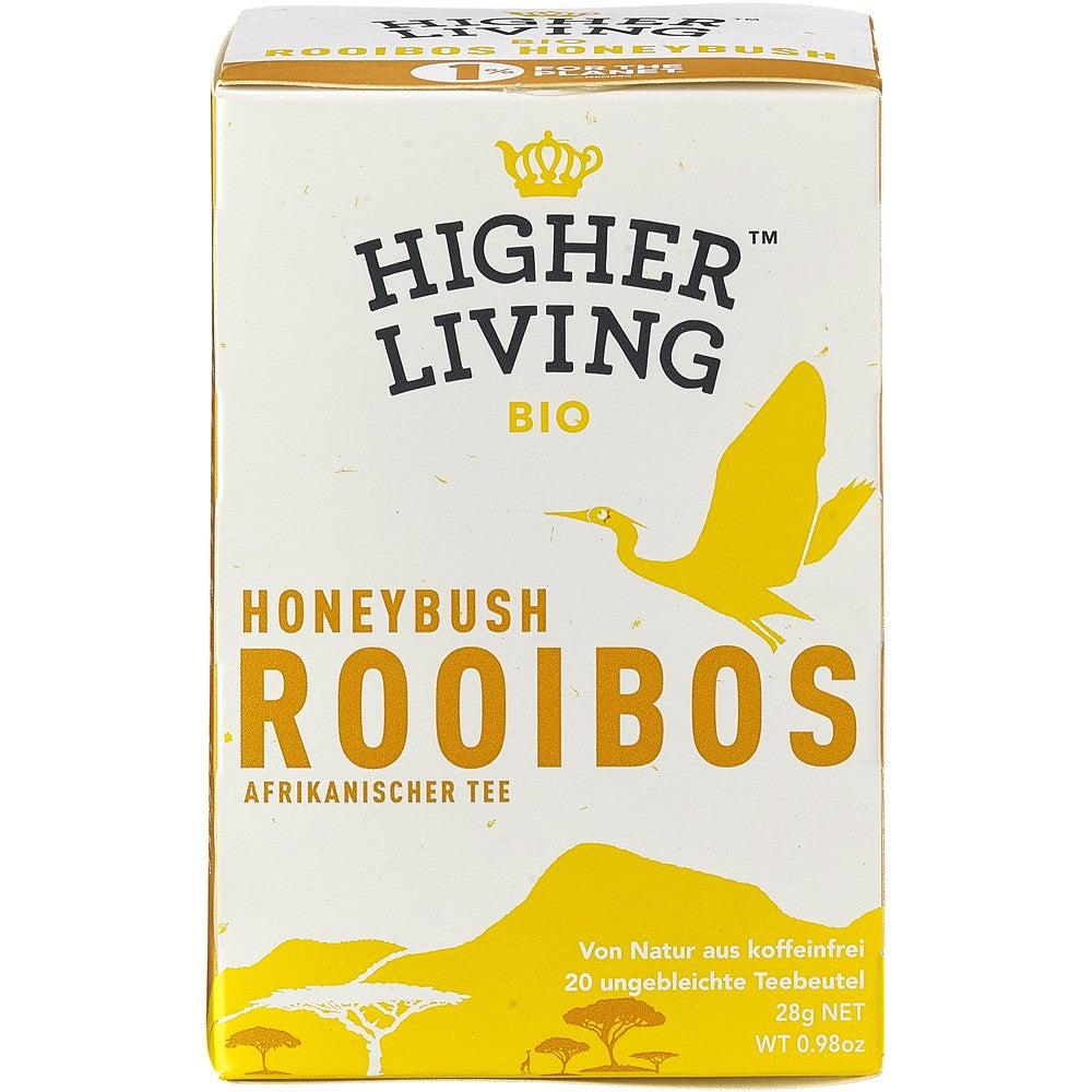 Ceai Rooibos Honeybush bio Higher Living 28g ambalaj alb-galben, design cu pasăre și munți.
