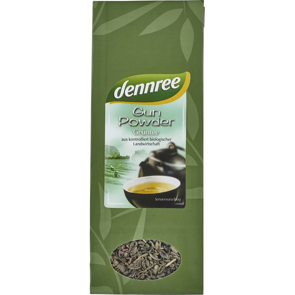 Ceai verde Gunpowder ecologic Dennree 100g, ambalaj verde, frunze rulate, organic.