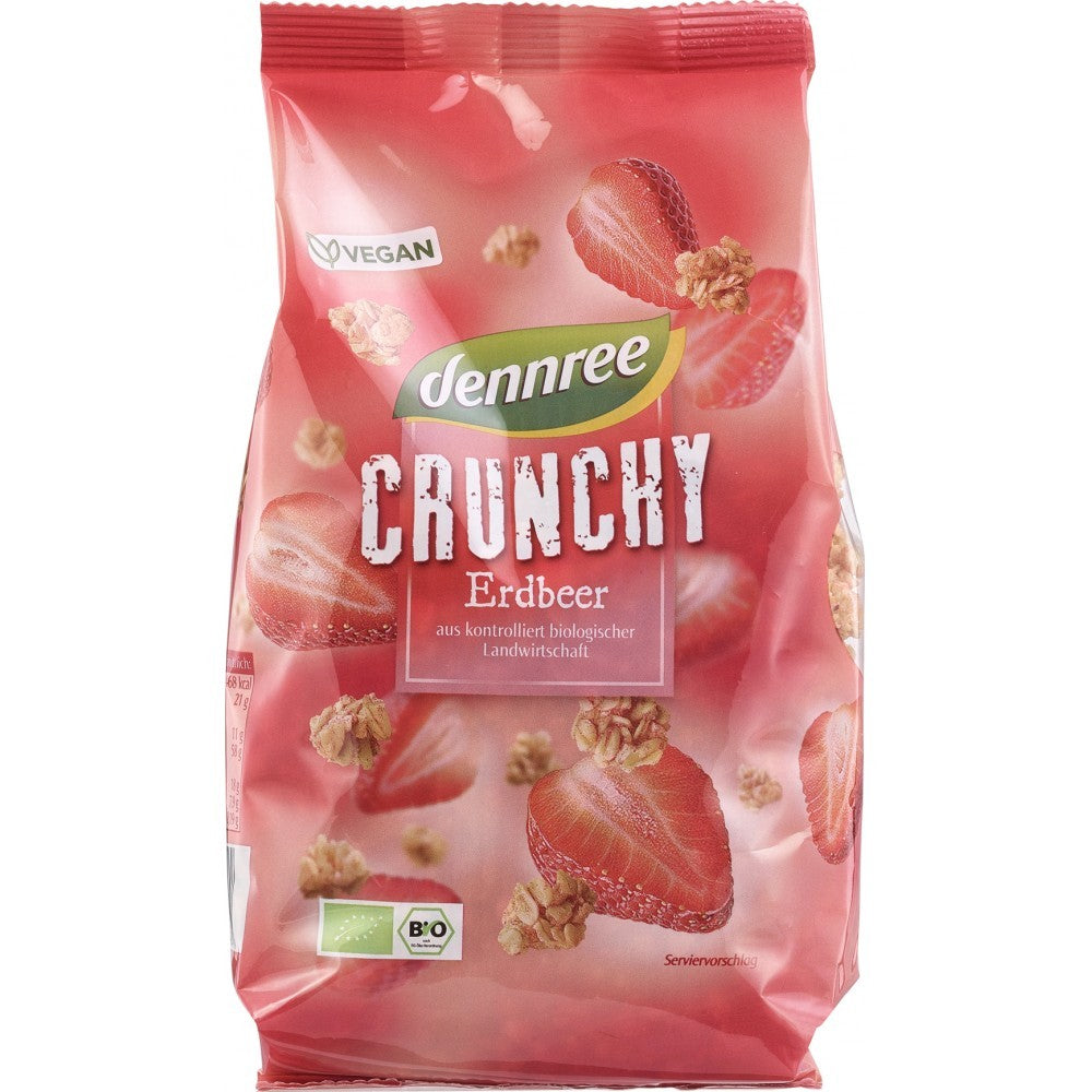 Cereale crunchy cu căpșuni bio Dennree, ambalaj roșu, vegan, 375g.