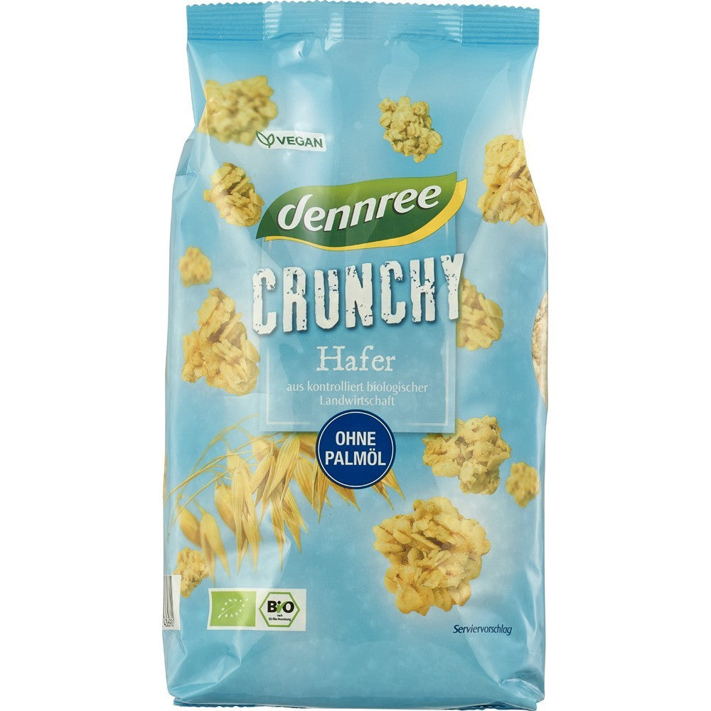 Cereale crunchy bio din ovăz Dennree, 750g, ambalaj albastru, fără ulei de palmier.