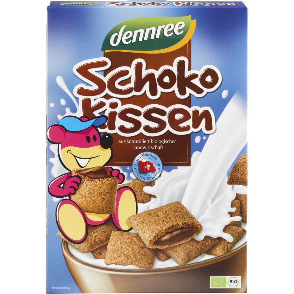 Cereale pernute cu ciocolata bio Dennree 375g, ambalaj albastru cu desen urs roz.