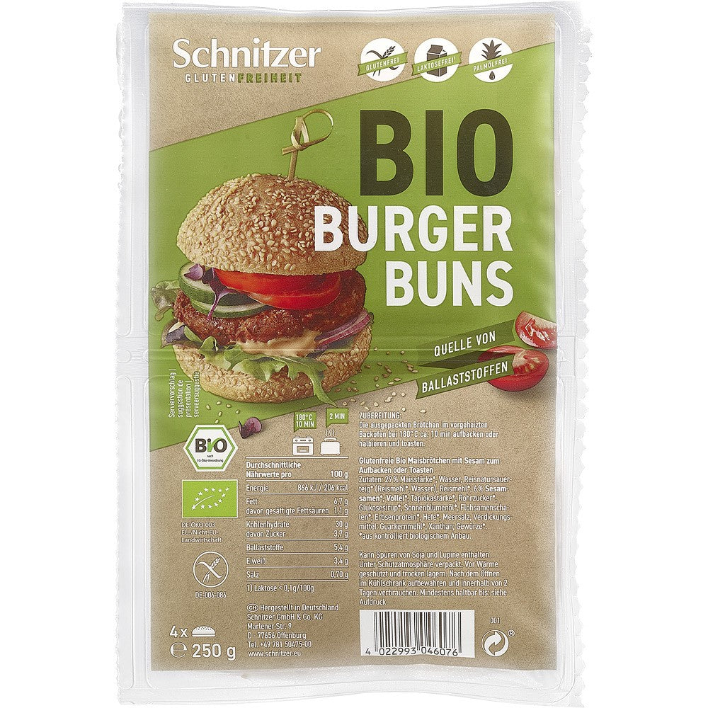 Chifle BIO pentru hamburger Schnitzer fără gluten 250g, ambalaj verde, cu susan.