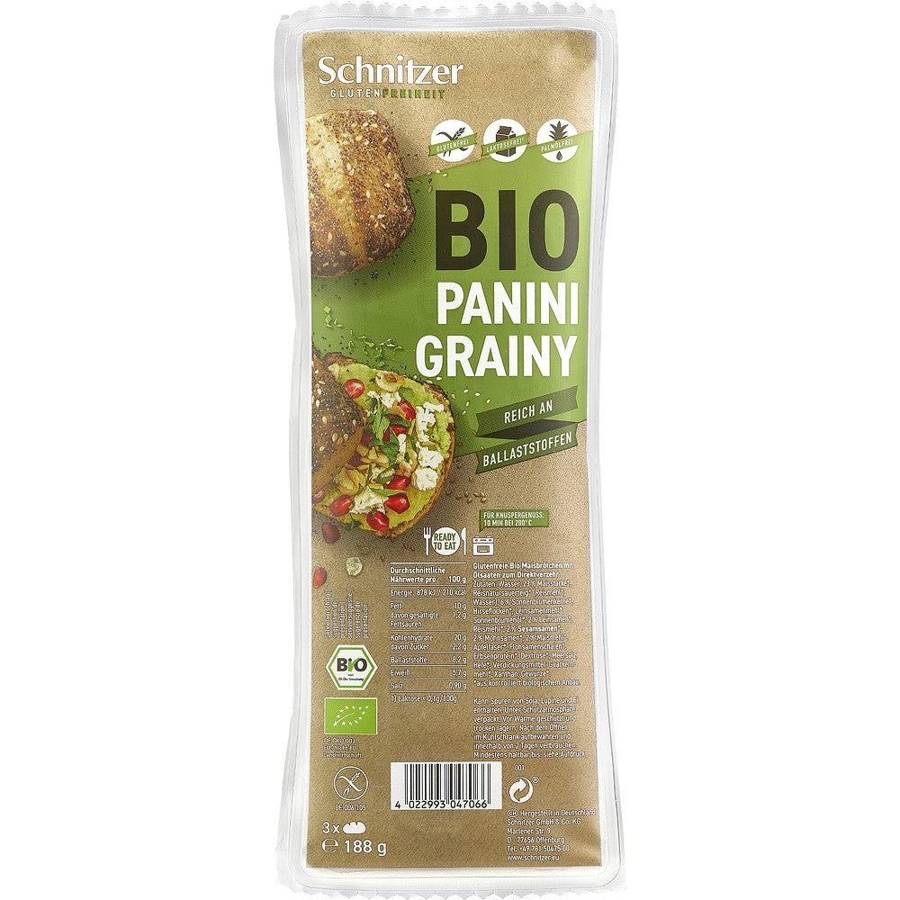 Chifle panini bio Schnitzer fără gluten, ambalaj verde, vizibile semințe și simboluri ecologice.