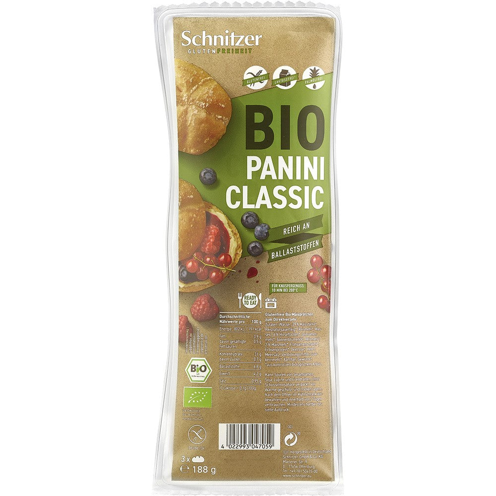 Chifle panini clasice fără gluten Schnitzer 188g, ambalaj verde cu etichete bio.