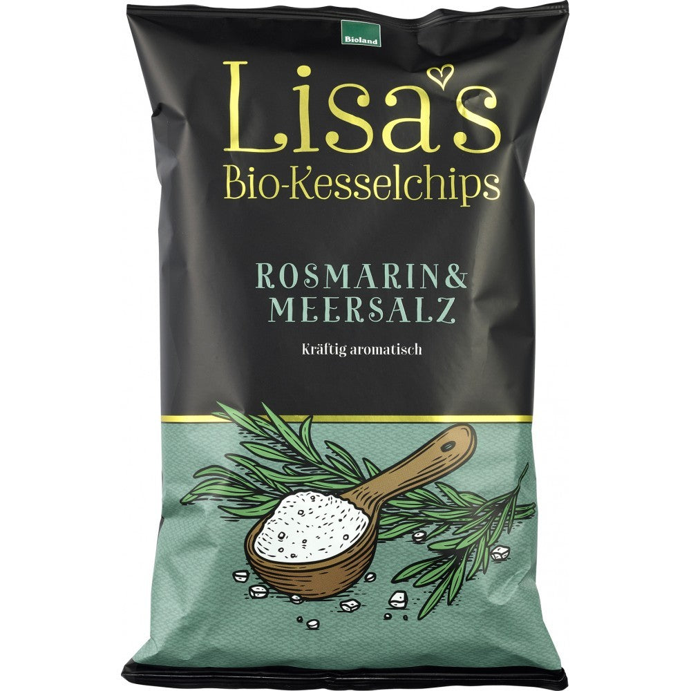 Pungă de chipsuri Bio-Kessel cu rozmarin și sare de mare, design verde și negru, grafică cu condimente.