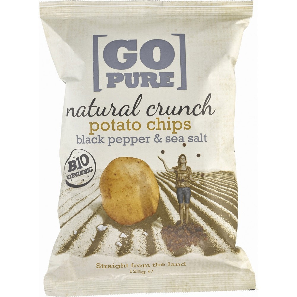 Pungă GoPure chipsuri cartofi ecologici, sare, piper, 125g, design natural.