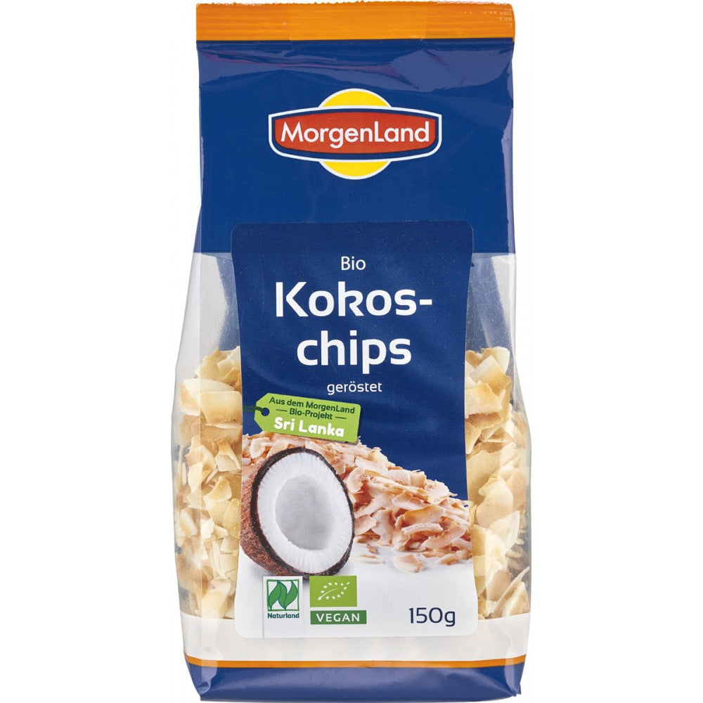 Chipsuri de cocos bio prăjite MorgenLand 150g, ambalaj albastru și portocaliu.