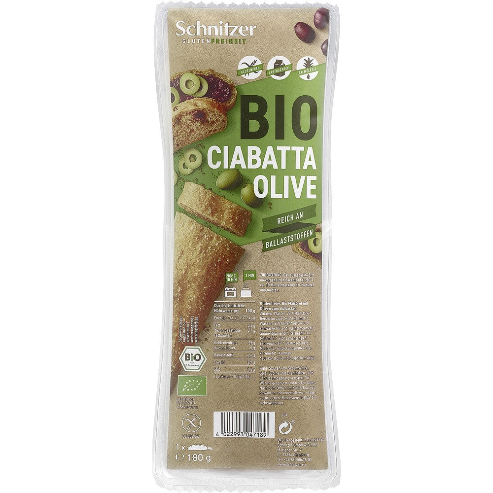 Ciabatta cu măsline Schnitzer fără gluten, pachet 180g, bio, etichetă verde.