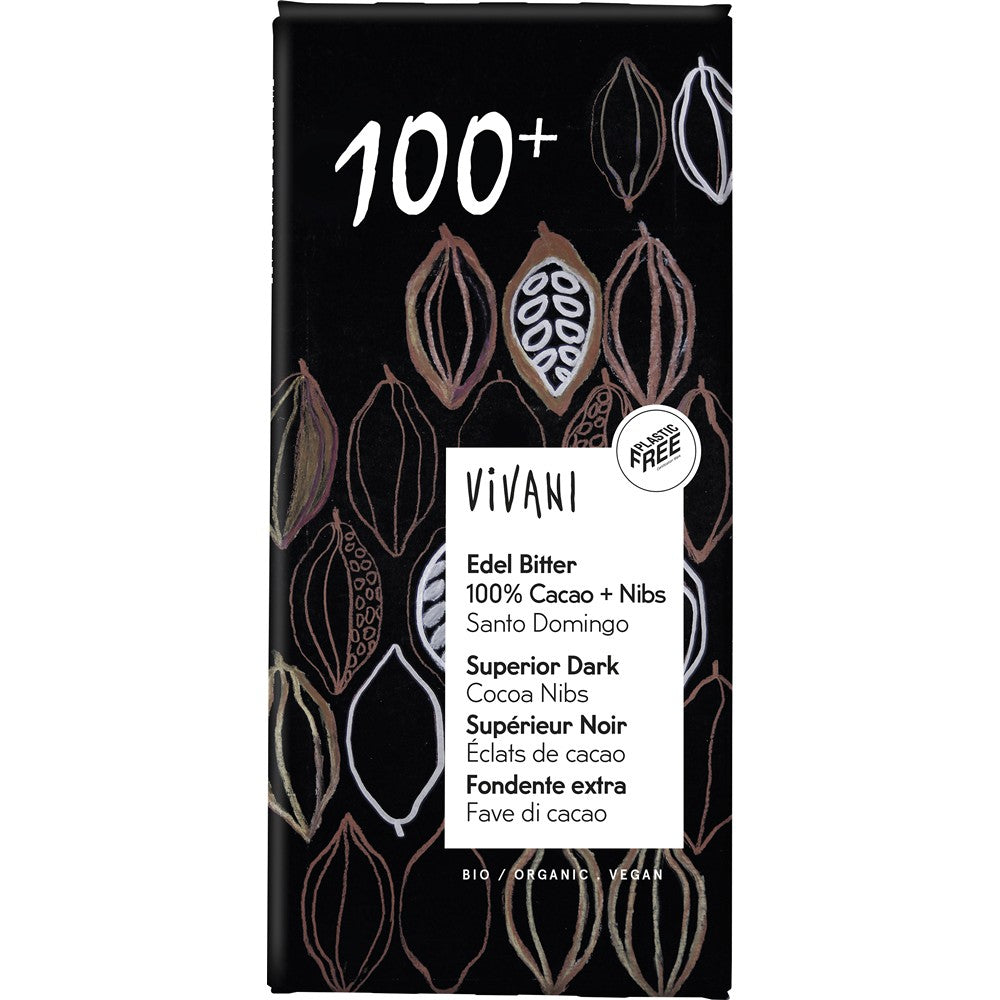 Ciocolata amara 100% cacao Vivani, ambalaj negru cu motive de boabe cacao desenate.
