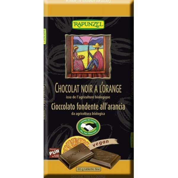 Ciocolata bio amăruie cu portocale, 55% cacao, 80g, ambalaj negru Rapunzel.