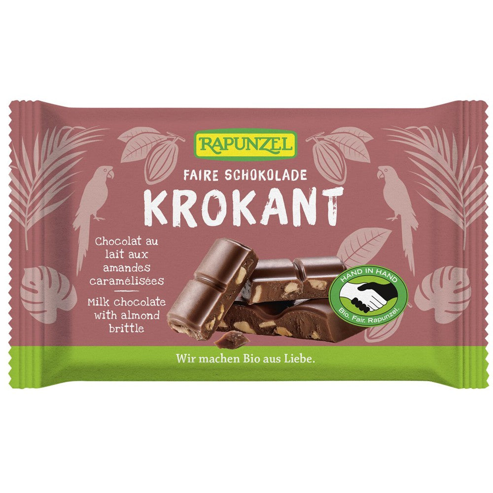 Ciocolata Bio Cristallino cu migdale crocante, ambalaj maro și verde, Rapunzel 100g.