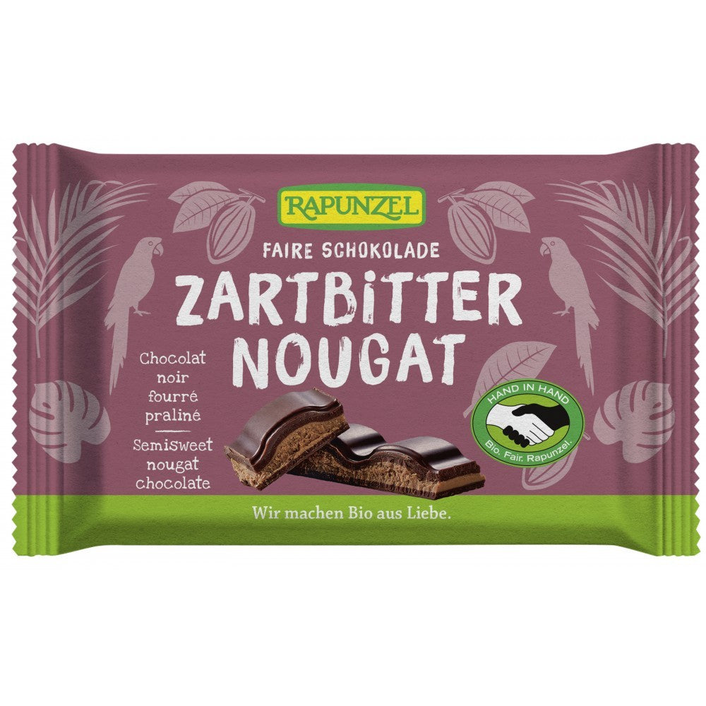 Ciocolata Bio Nougat Amaruie Rapunzel 100g, ambalaj mov cu model floral și logo verde.