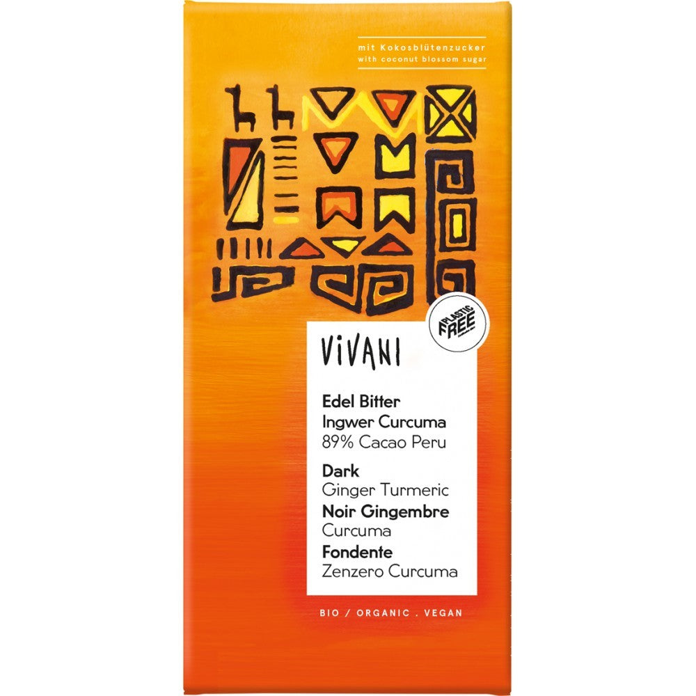 Ciocolată neagră Vivani cu ghimbir, curcuma și zahăr de cocos, ambalaj portocaliu cu motive geometrice.