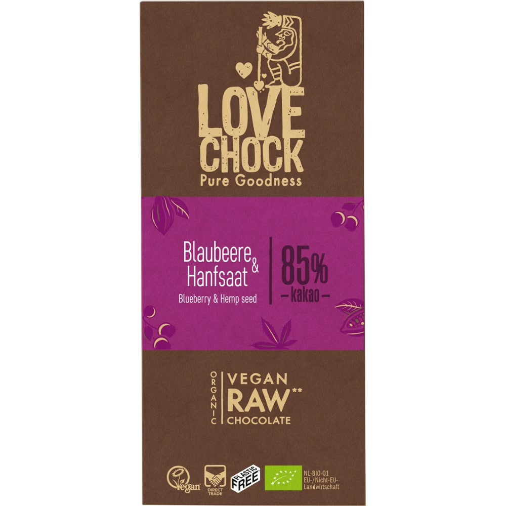 Ciocolata raw vegana cu afine si seminte de canepa 70g Lovechock