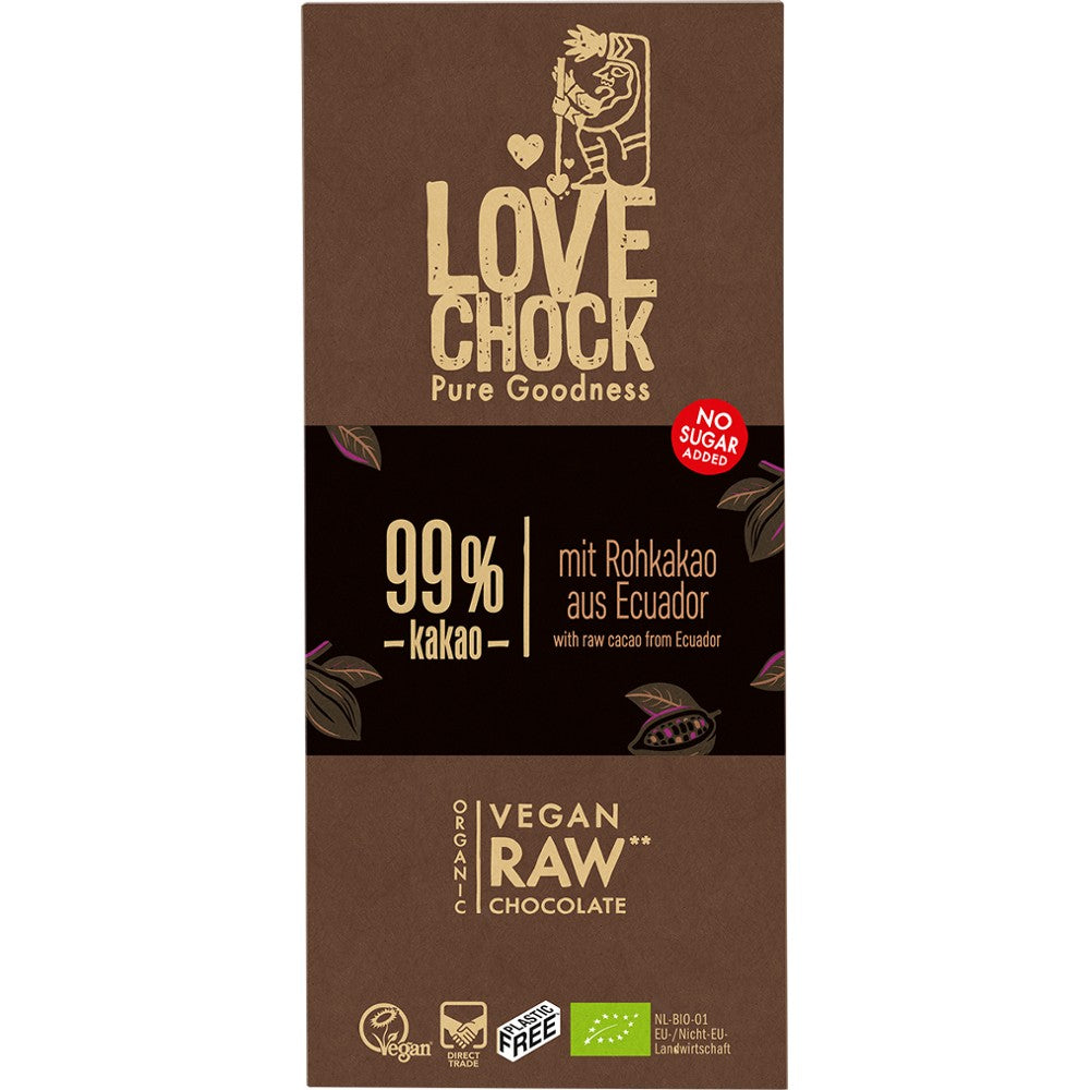 Ciocolată vegană Lovechock 99% cacao, ambalaj maro, eticheta ecologică, fără zahăr.