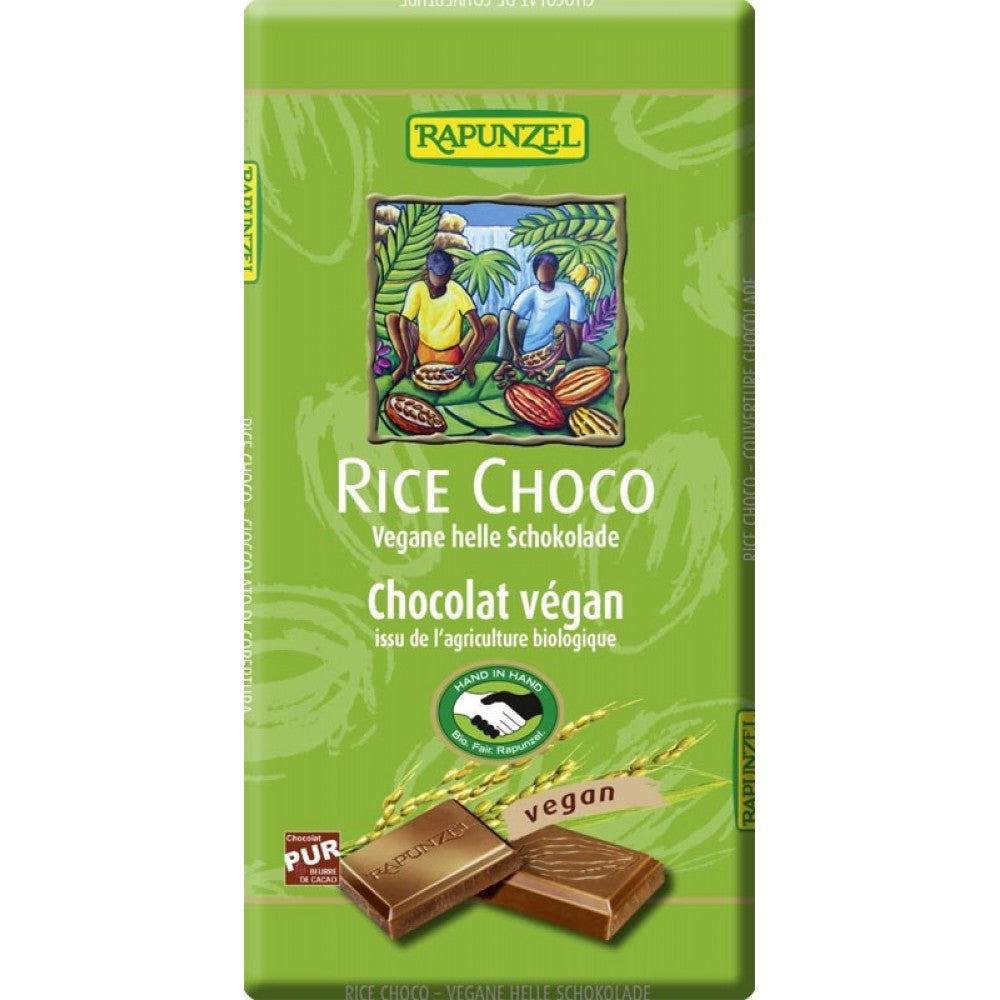 Ciocolata vegană cu orez bio Rapunzel 100g, ambalaj verde, ingrediente organice.