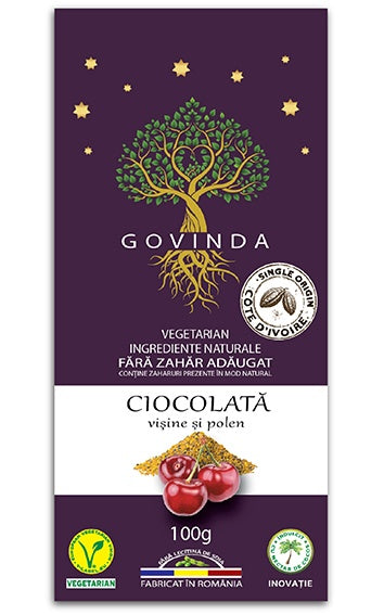 Ciocolată Govinda, vișine deshidratate, polen, ambalaj mov, 100g, ingrediente naturale.