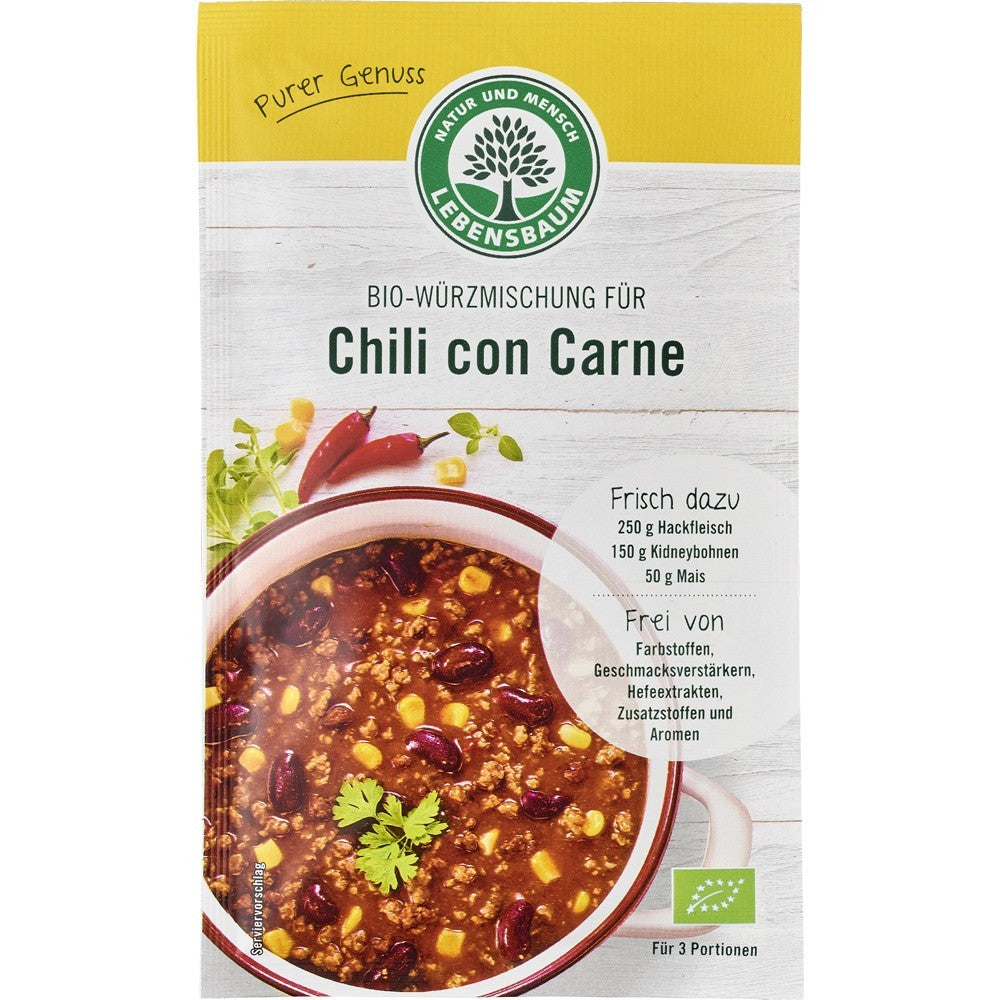 Condiment bio pentru Chili con Carne 30g Lebensbaum, pachet galben, ingrediente naturale, fără aditivi.