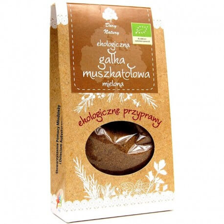 Pungă de condimente Nucsoara Macinata Bio 30g Dary Natury, ambalaj maro cu fereastră transparentă.