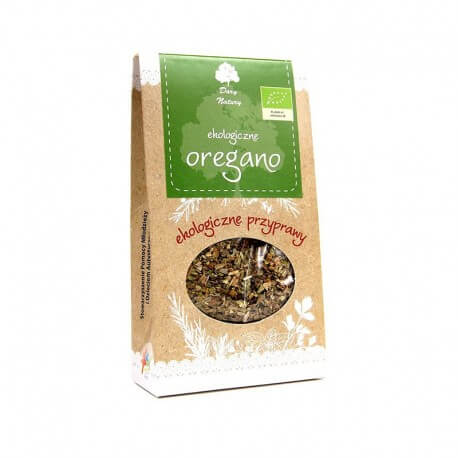 Condiment oregano ecologic Dary Natury 20g, ambalaj carton verde-maro, vizibile frunze uscate.