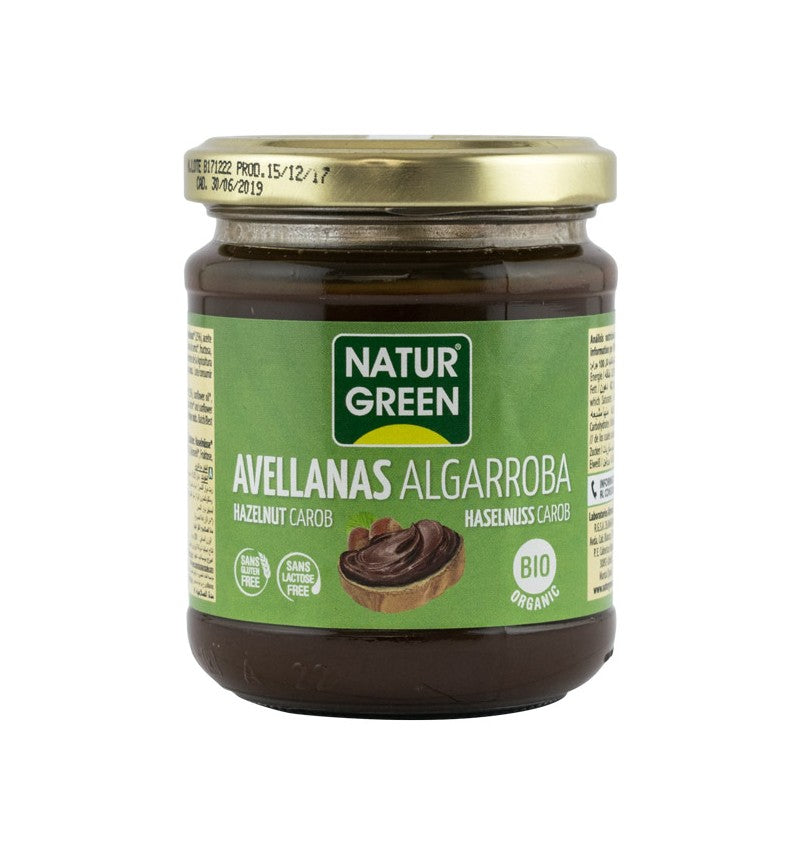 Crema bio de alune și roșcove, Natur Green, borcan 200g, etichetă verde.