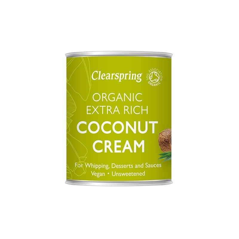 Crema de cocos Bio Clearspring 200ml, cutie metalică verde, organică. Ideală pentru curry și deserturi.