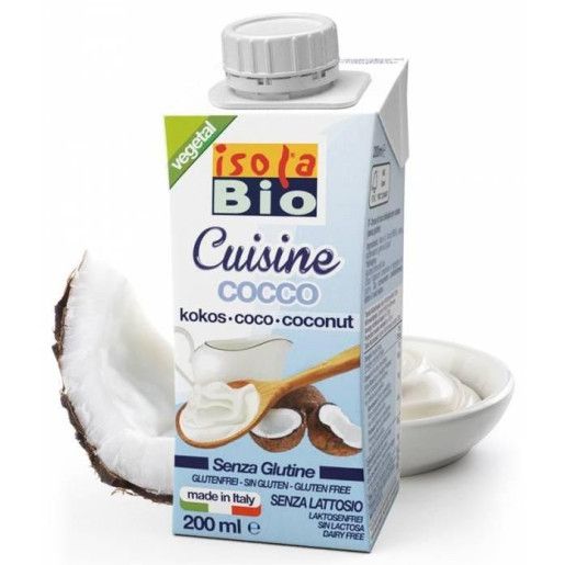 Crema de cocos Isola Bio 200ml, fără gluten, fără lactoză, cutie albă, logo vegetal.