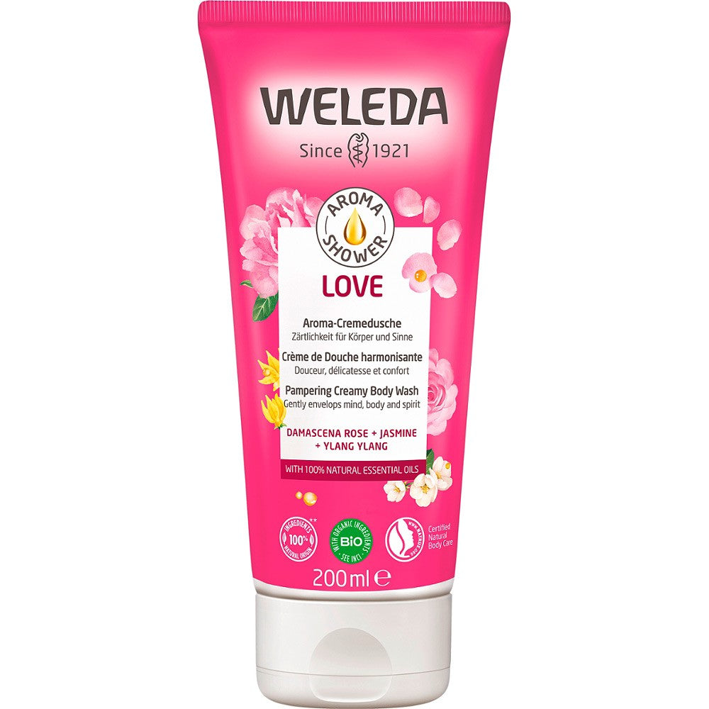 Crema de duș Weleda cu trandafir salbatic, 200ml, ambalaj roz, ulei esențial natural.