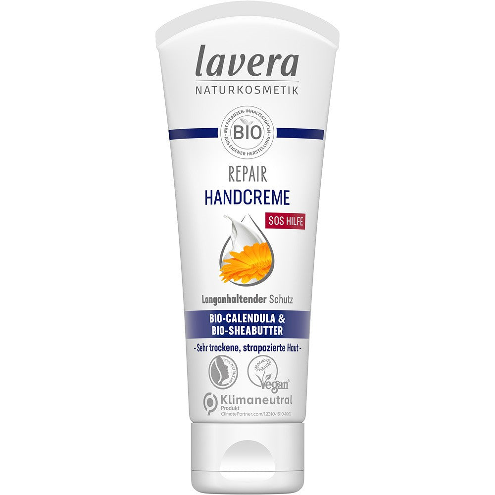 Crema de mâini Lavera cu gălbenele bio și unt de shea bio 75ml, ambalaj alb.