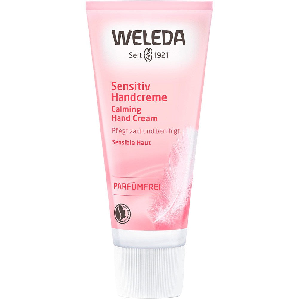 Crema pentru mâini sensibile Weleda 50ml, ambalaj roz, fără parfum.