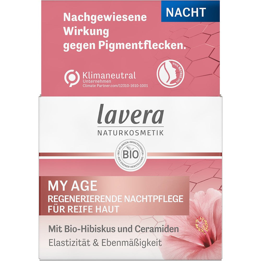 Crema de noapte regenerantă Lavera cu hibiscus bio, cutie alb-roșie, textură și model floral.