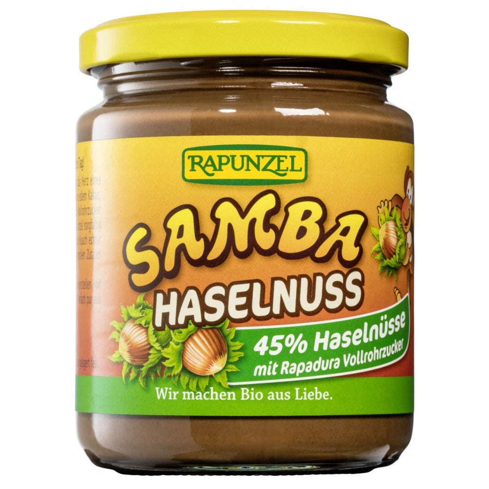 Cremă bio Samba cu alune și ciocolată Rapunzel 250g ambalaj maro-galben.