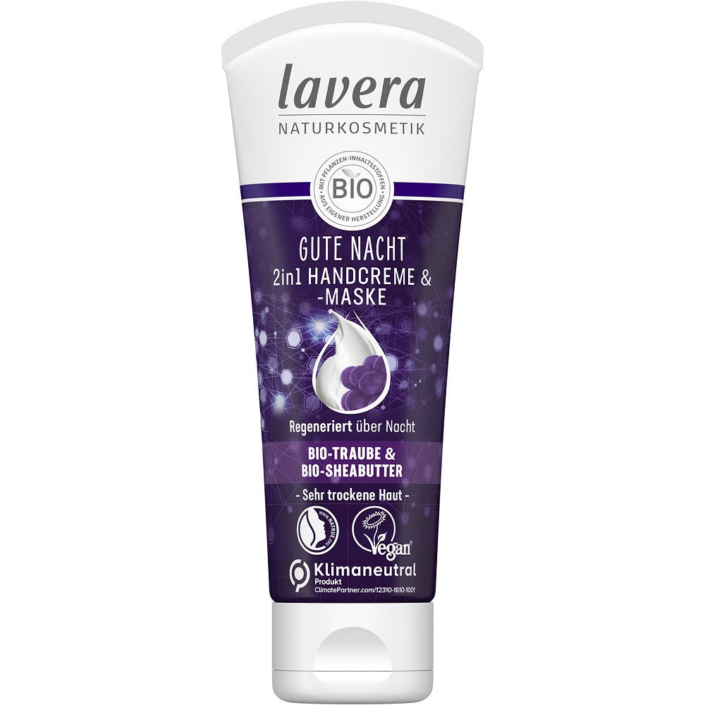 Crema și masca de mâini Lavera, 75ml, ambalaj alb și violet, ingrediente bio, vegan, pentru pielea uscată.