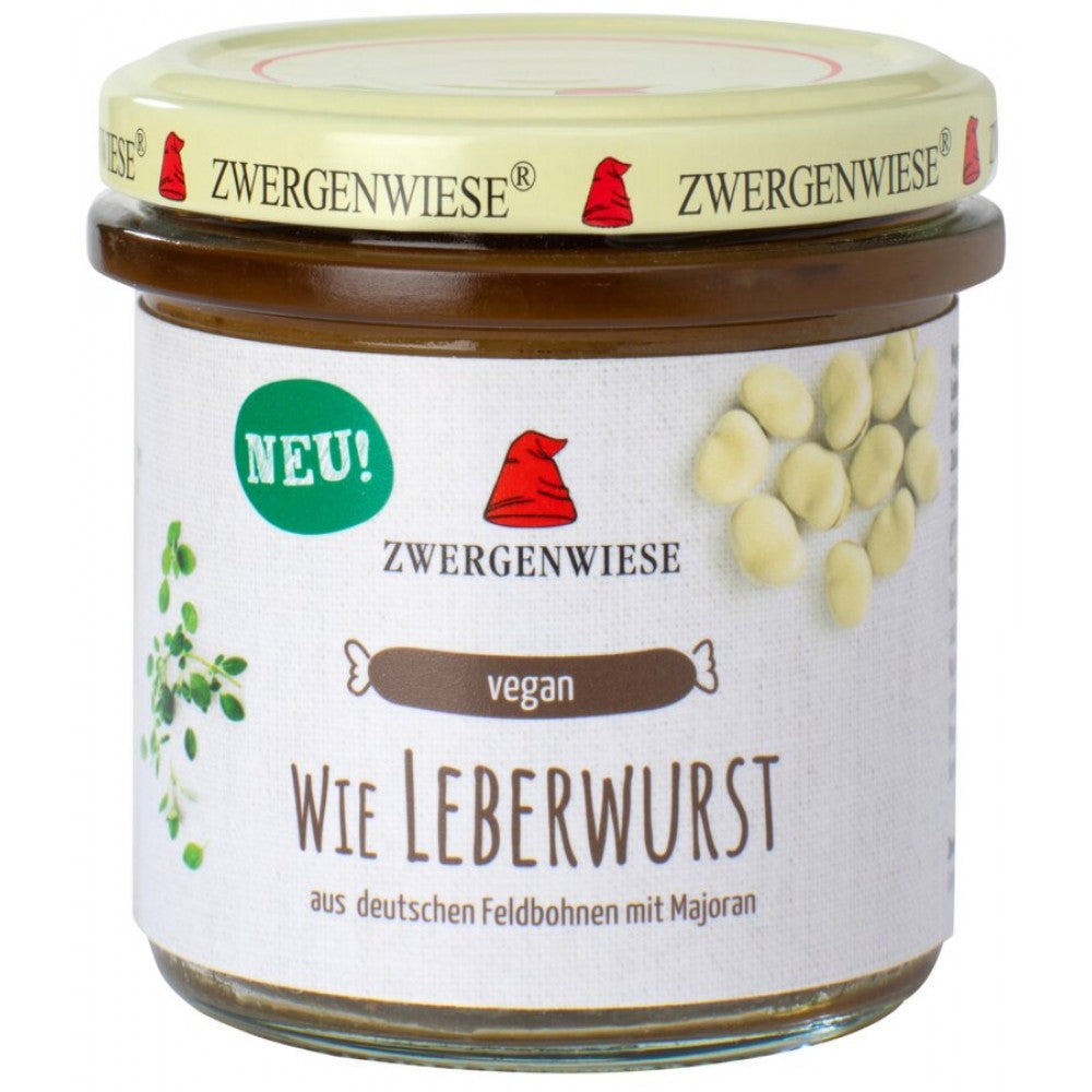 Cremă tartinabilă vegană bio Leberwurst Zwergenwiese, borcan 140g, etichetă albă.