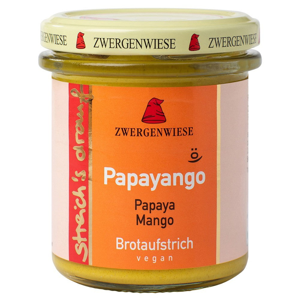 Crema tartinabilă bio Papayango cu papaya picantă și mango, borcan 160g, etichetă portocalie.